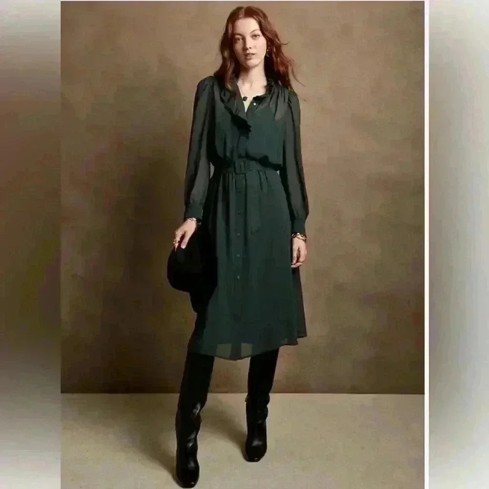 NWT Banana Republic  Midi Shirtdress Green Print Sz XS (Missing Belt)